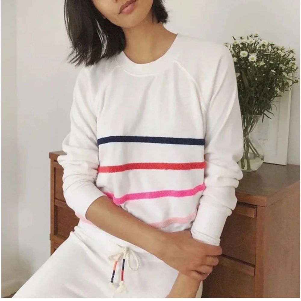 Sundry White Crewneck Sweater with Navy, Red and Pink Stripes